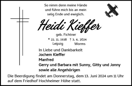 Traueranzeige von Heidi Kieffer von Wormser Zeitung