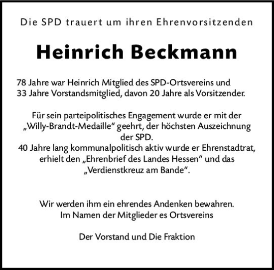 Traueranzeige von Heinrich Beckmann von Dieburger Anzeiger/Groß-Zimmerner Lokal-Anzeiger