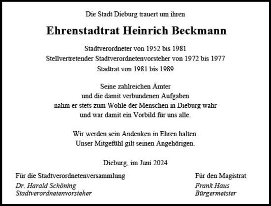 Traueranzeige von Heinrich Beckmann von Dieburger Anzeiger/Groß-Zimmerner Lokal-Anzeiger