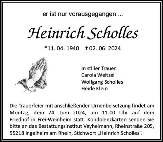 Traueranzeige von Heinrich Scholles von Allgemeine Zeitung Bingen/Ingelheim
