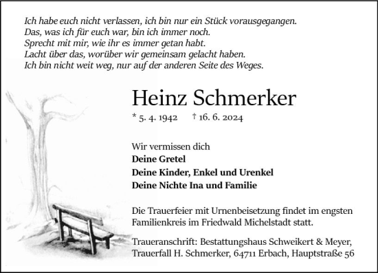 Traueranzeige von Heinz Schmerker von Odenwälder Echo