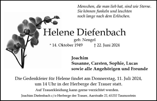 Traueranzeige von Helene Diefenbach von Wiesbadener Kurier