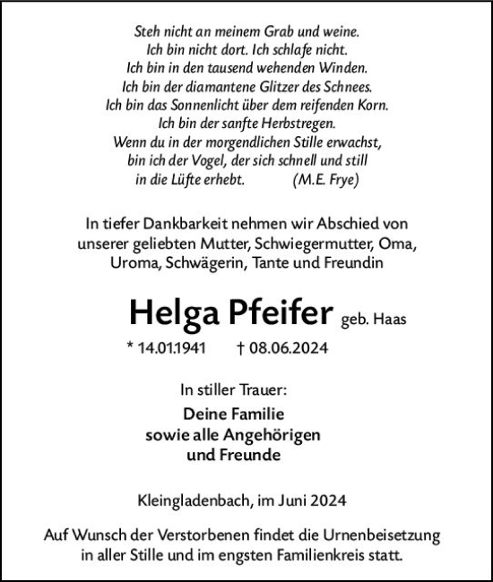 Traueranzeige von Helga Pfeifer von Hinterländer Anzeiger