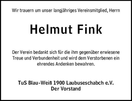 Traueranzeige von Helmut Fink von Weilburger Tageblatt