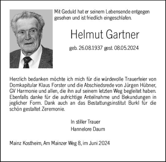 Traueranzeige von Helmut Gartner von Allgemeine Zeitung Mainz