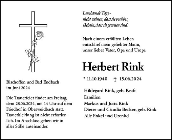 Traueranzeige von Herbert Rink von Hinterländer Anzeiger