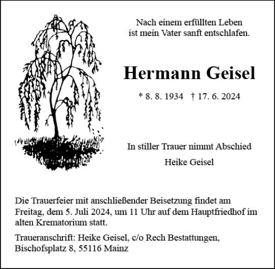 Traueranzeige von Hermann Geisel von Allgemeine Zeitung Mainz