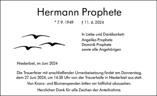 Traueranzeige von Hermann Prophete von Wetzlarer Neue Zeitung