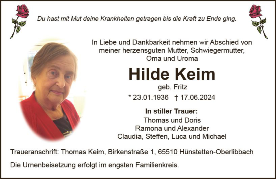 Traueranzeige von Hilde Keim von Wiesbadener Kurier