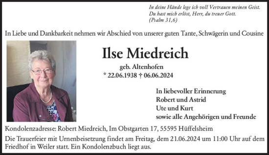 Traueranzeige von Ilse Miedreich von Allgemeine Zeitung Bingen/Ingelheim