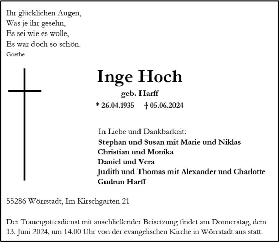 Traueranzeige von Inge Hoch von Allgemeine Zeitung Alzey