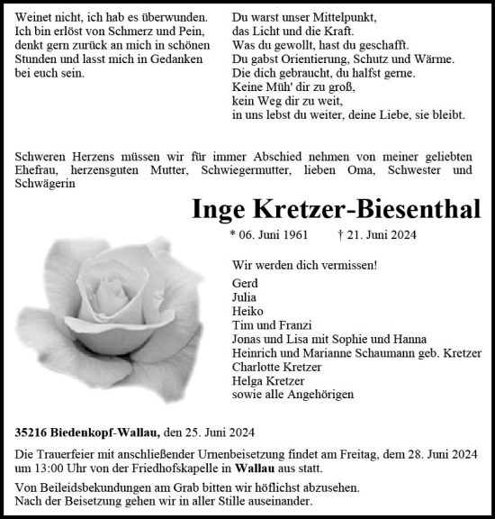 Traueranzeige von Inge Kretzer-Biesenthal von Hinterländer Anzeiger