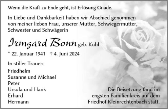 Traueranzeige von Irmgard Bonn von Wetzlarer Neue Zeitung