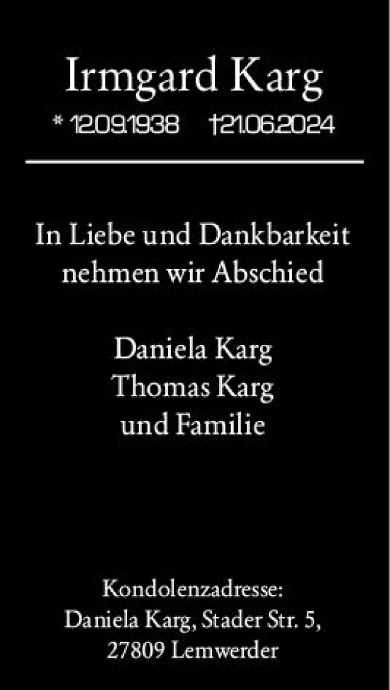 Traueranzeige von Irmgard Karg von Wiesbadener Kurier