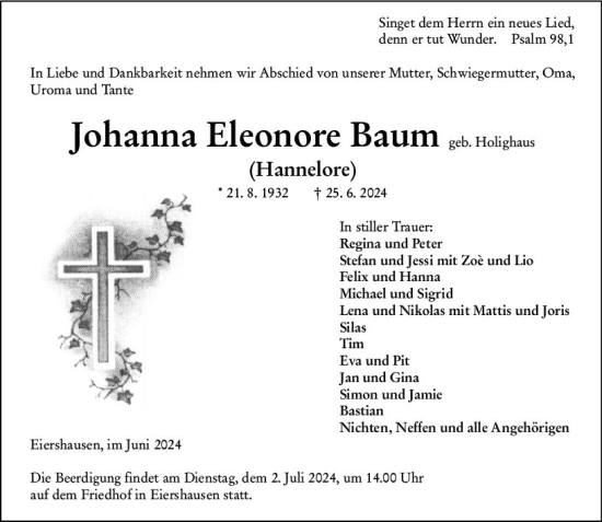 Traueranzeige von Johanna Eleonore Baum von Dill Block