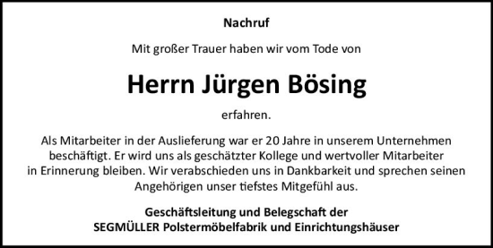 Traueranzeige von Jürgen Bösing von Wormser Zeitung