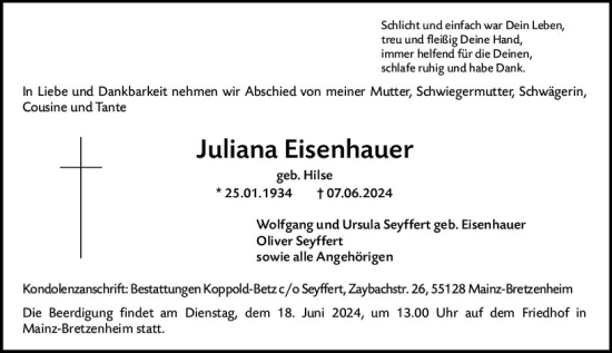 Traueranzeige von Juliana Eisenhauer von Allgemeine Zeitung Mainz