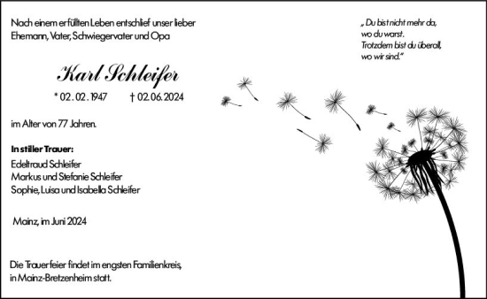 Traueranzeige von Karl Schleifer von Allgemeine Zeitung Alzey