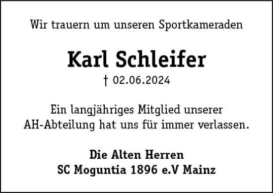 Traueranzeige von Karl Schleifer von Allgemeine Zeitung Mainz