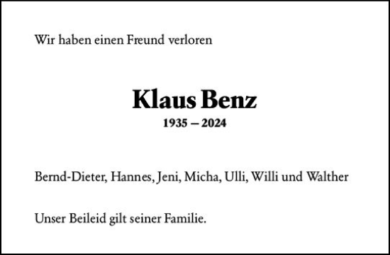 Traueranzeige von Klaus Benz von Allgemeine Zeitung Mainz
