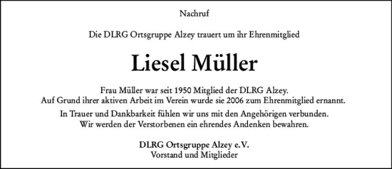 Traueranzeige von Liesel Müller von Allgemeine Zeitung Alzey