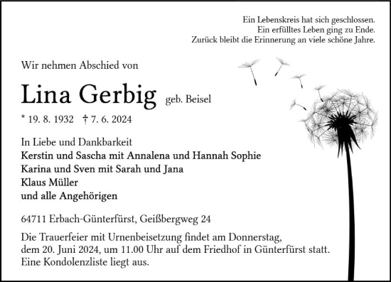 Traueranzeige von Lina Gerbig von Odenwälder Echo