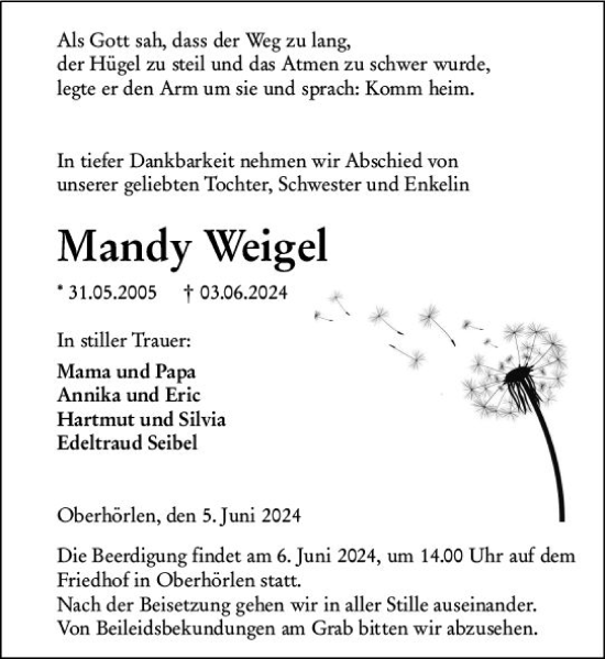 Traueranzeige von Mandy Weigel von Hinterländer Anzeiger