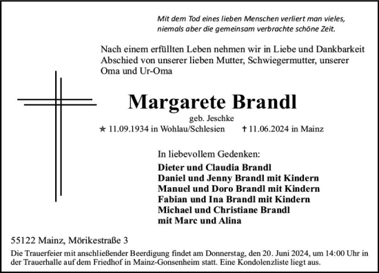 Traueranzeige von Margarete Brandl von Allgemeine Zeitung Mainz