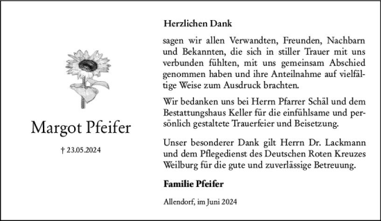 Traueranzeige von Margot Pfeifer von Weilburger Tageblatt