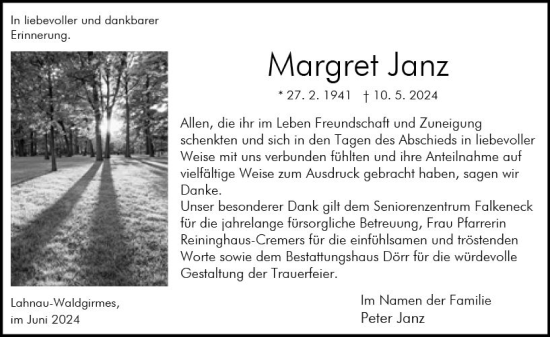 Traueranzeige von Margret  Janz von Wetzlarer Neue Zeitung