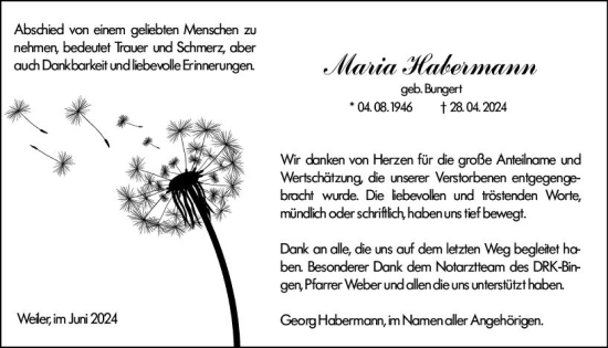 Traueranzeige von Maria Habermann von Allgemeine Zeitung Bingen/Ingelheim