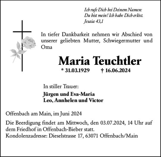 Traueranzeige von Maria Teuchtler von Dill Block