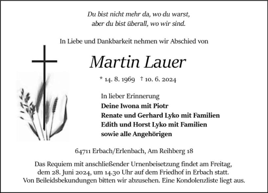 Traueranzeige von Martin Lauer von Odenwälder Echo
