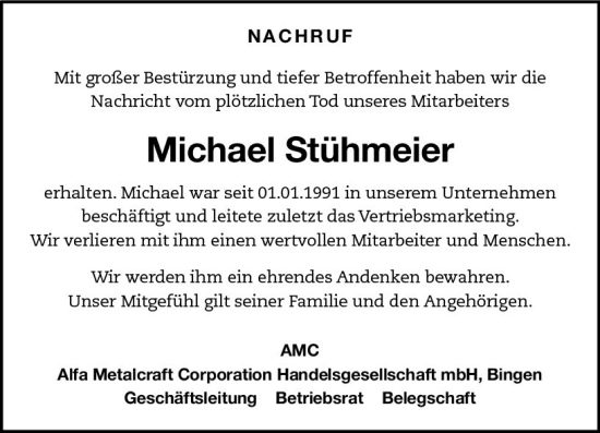 Traueranzeige von Michael Stühmeier von Allgemeine Zeitung Bingen/Ingelheim