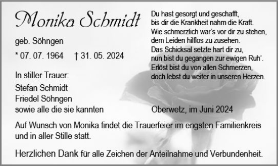 Traueranzeige von Monika Schmidt von Wetzlarer Neue Zeitung