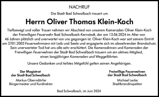 Traueranzeige von Oliver Thomas Klein-Koch von Idsteiner Land/Untertaunus