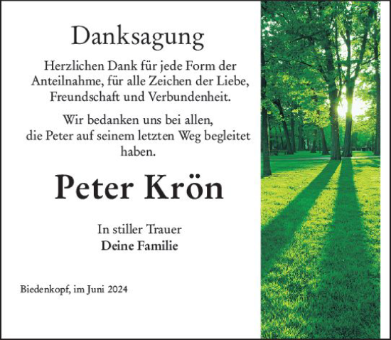Traueranzeige von Peter Krön von Hinterländer Anzeiger