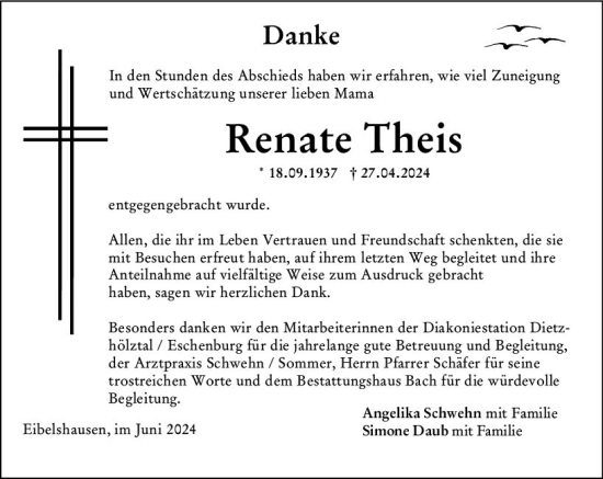 Traueranzeige von Renate Theis von Dill Block