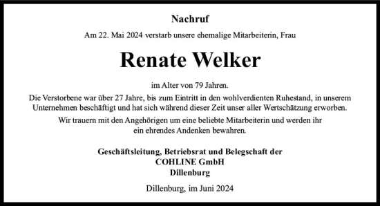 Traueranzeige von Renate Welker von Dill Block