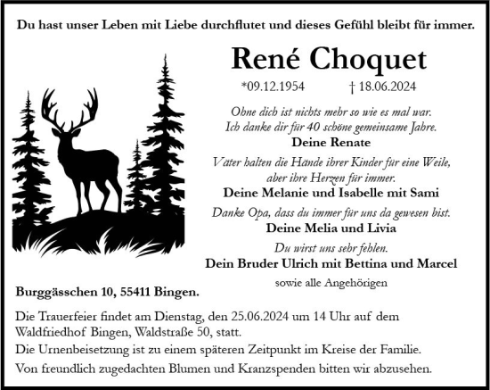 Traueranzeige von René Choquet von Allgemeine Zeitung Bingen/Ingelheim