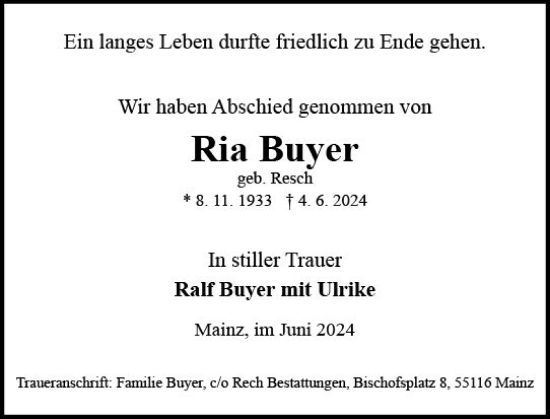 Traueranzeige von Riß Buyer von Allgemeine Zeitung Mainz
