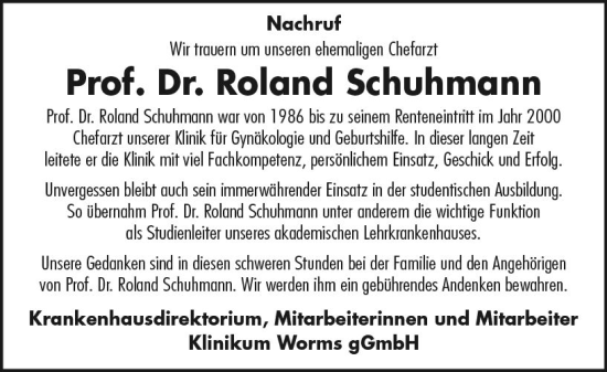 Traueranzeige von Roland Schuhmann von Wormser Zeitung