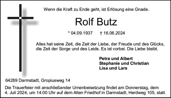Traueranzeige von Rolf Butz von Darmstädter Echo