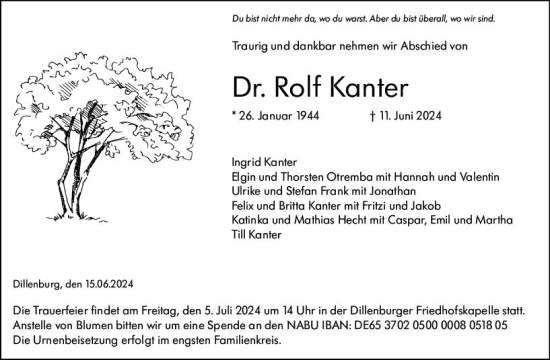 Traueranzeige von Rolf Kanter von Dill Block