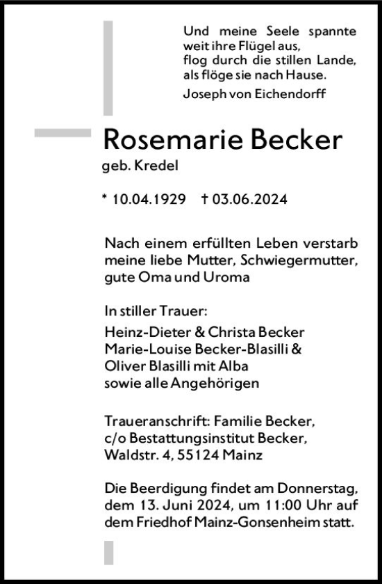 Traueranzeige von Rosemarie Becker von Allgemeine Zeitung Mainz
