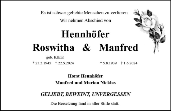 Traueranzeige von Roswitha Hennhöfer von Allgemeine Zeitung Mainz
