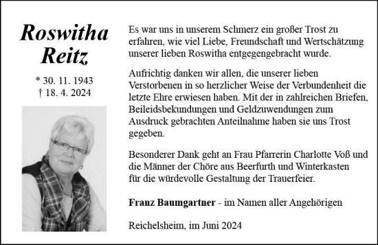 Traueranzeige von Roswitha Reitz von Odenwälder Echo