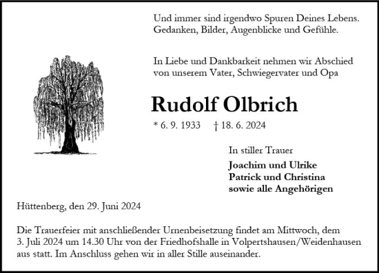 Traueranzeige von Rudolf Olbrich von Wetzlarer Neue Zeitung