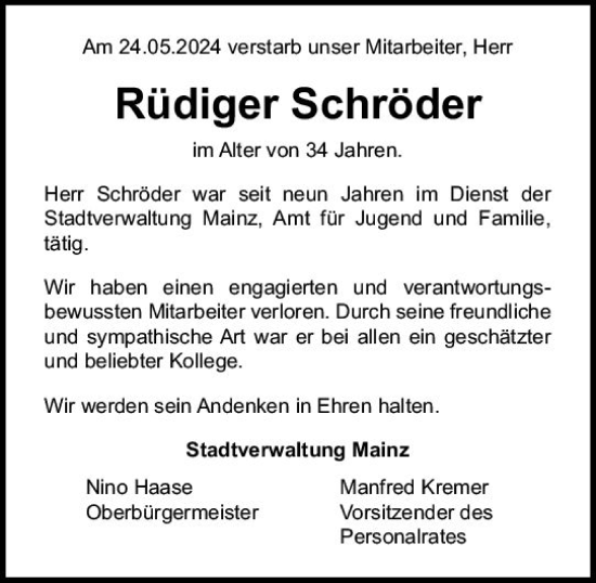 Traueranzeige von Rüdiger Schröder von Allgemeine Zeitung Mainz
