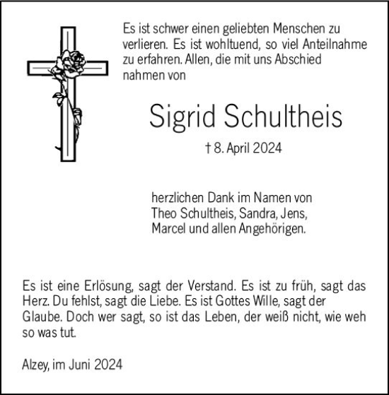 Traueranzeige von Sigrid Schultheis von Allgemeine Zeitung Alzey